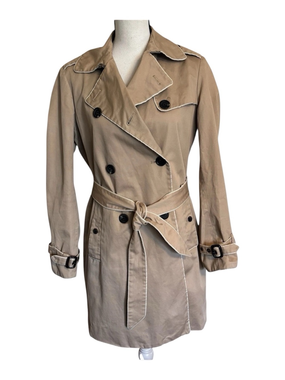 GAP Khaki Trench Coat Beige Trim Double Breasted Size S Belted Jacket Preppy